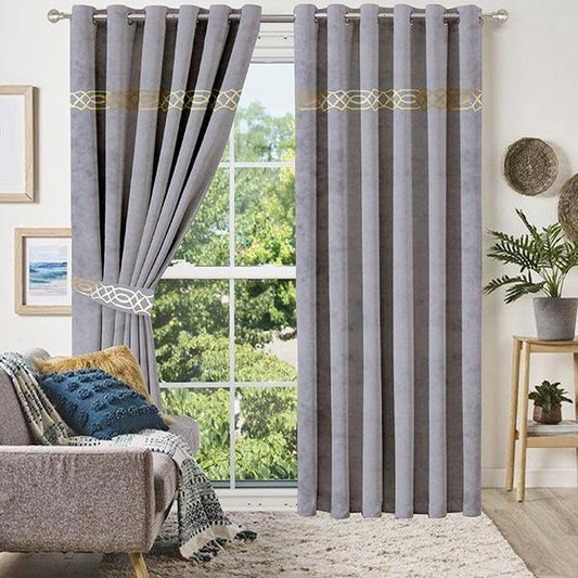 Pair of Laser Cutwork Motif Border Velvet Curtains Golden on Grey With Tie Belts
