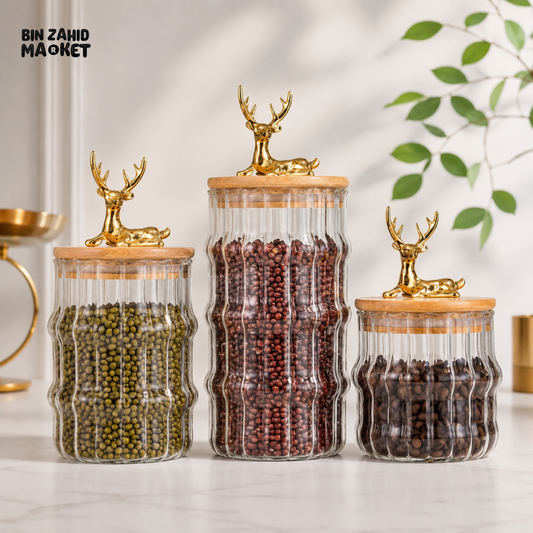 LUXURY DEER GLASS STORAGE JAR SET – 3 PIECES