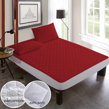 Quilted Waterproof Mattress Protector In Maroon Color With Elastic Fitting