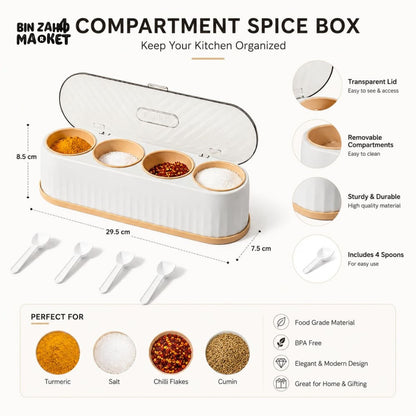 MODERN 4 COMPARTMENT SPICE STORAGE BOX WITH SPOONS