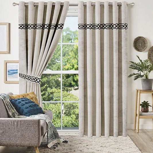 Pair of Laser Cutwork Motif Border Velvet Curtains Black on Muted Brown With Tie Belts