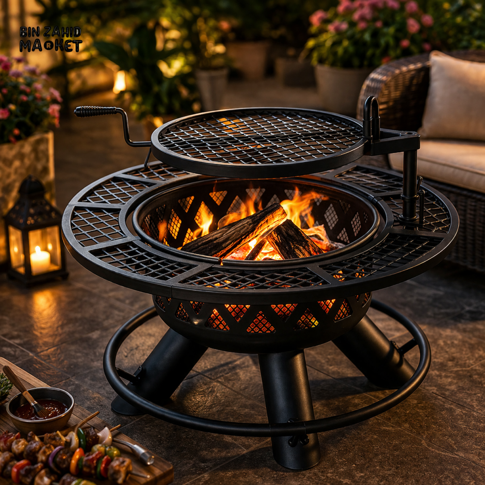 OUTDOOR FIREPIT BBQ GRILL WITH ROTATING COOKING GRATE