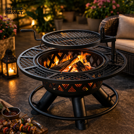 OUTDOOR FIREPIT BBQ GRILL WITH ROTATING COOKING GRATE