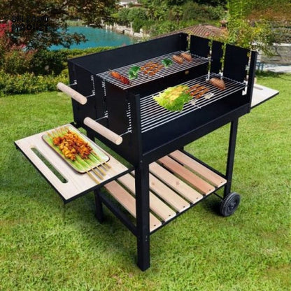 PORTABLE CHARCOAL BBQ GRILL WITH SMOKER RACK & WHEELS