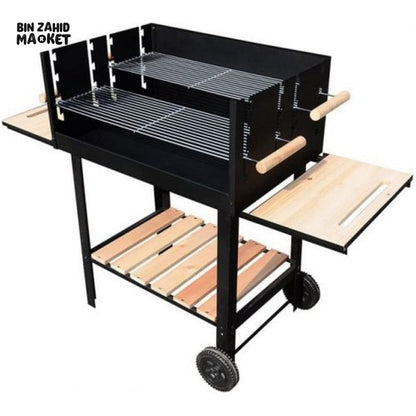 PORTABLE CHARCOAL BBQ GRILL WITH SMOKER RACK & WHEELS