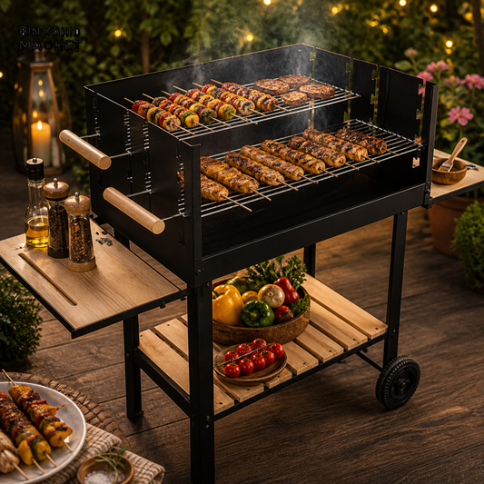 PORTABLE CHARCOAL BBQ GRILL WITH SMOKER RACK & WHEELS