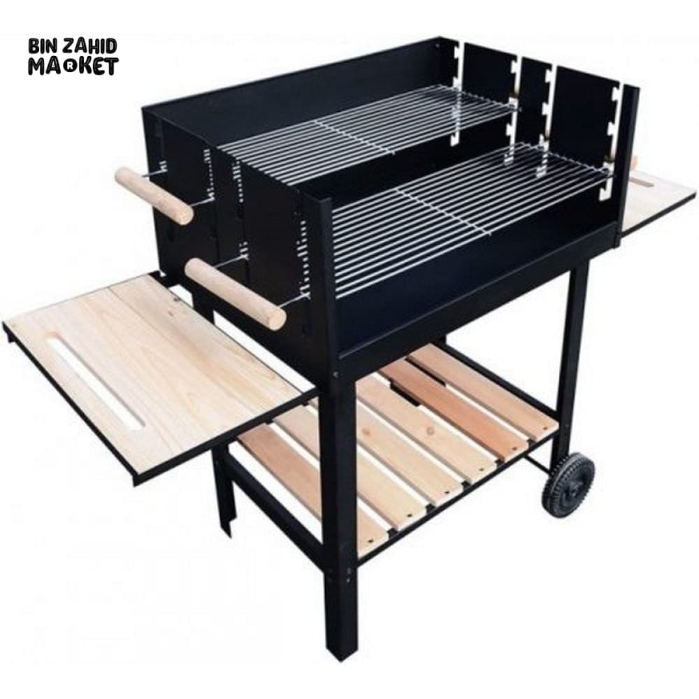 PORTABLE CHARCOAL BBQ GRILL WITH SMOKER RACK & WHEELS