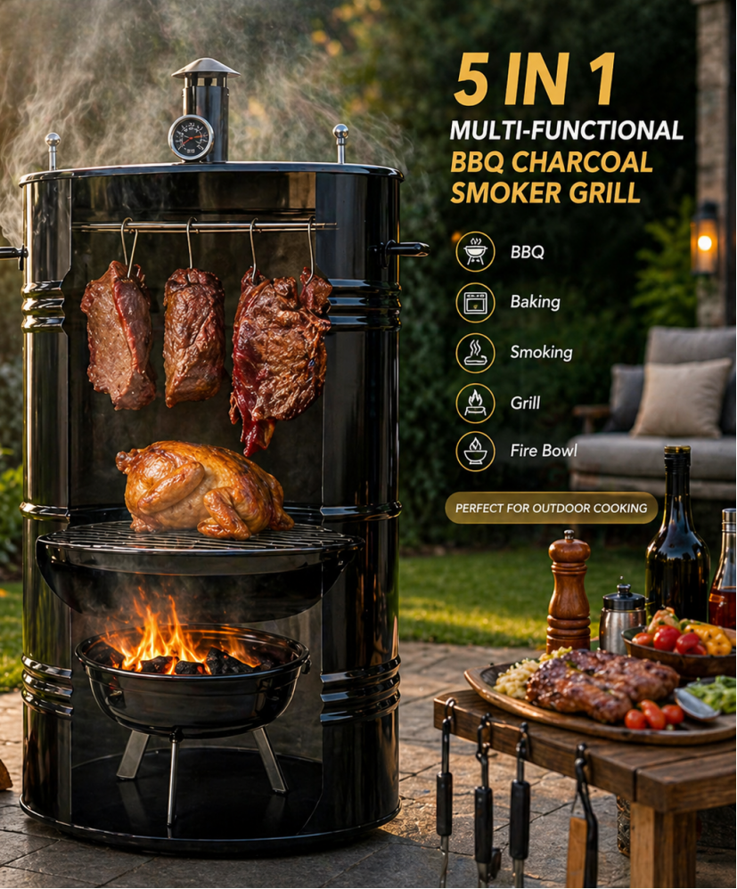 PREMIUM 5-IN-1 VERTICAL CHARCOAL SMOKER BBQ GRILL 18 INCH