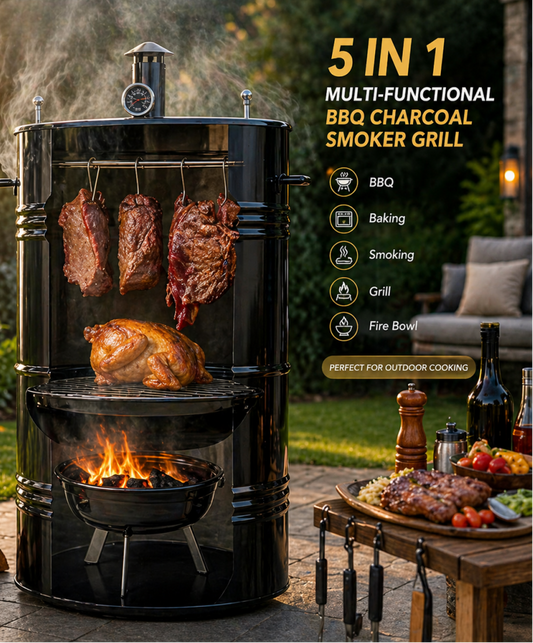 PREMIUM 5-IN-1 VERTICAL CHARCOAL SMOKER BBQ GRILL 18 INCH