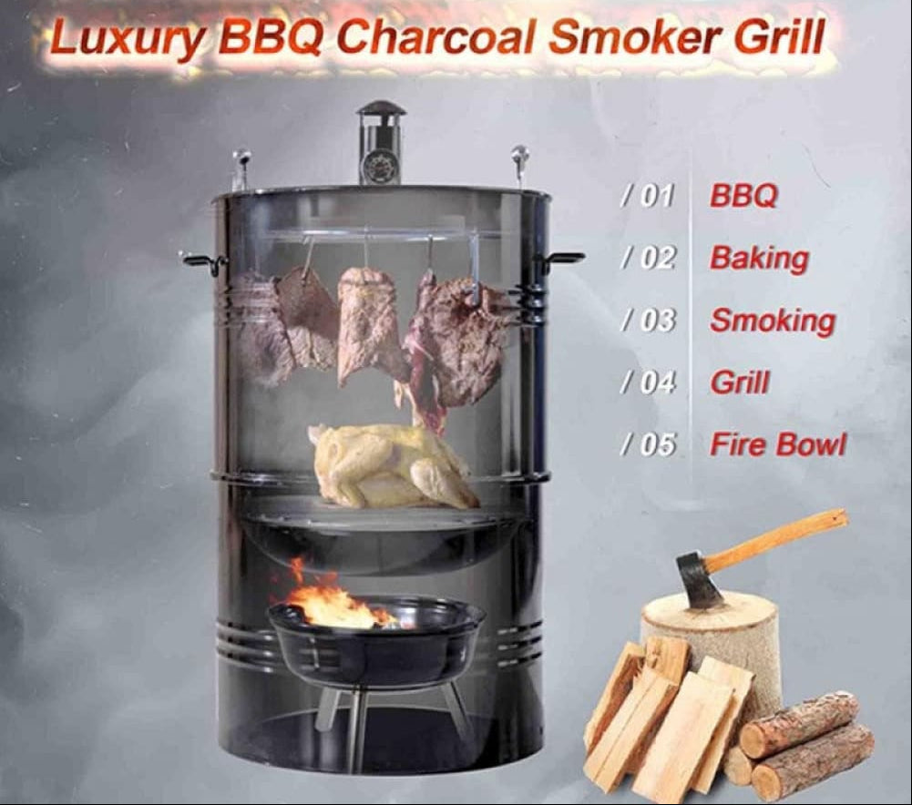 PREMIUM 5-IN-1 VERTICAL CHARCOAL SMOKER BBQ GRILL 18 INCH