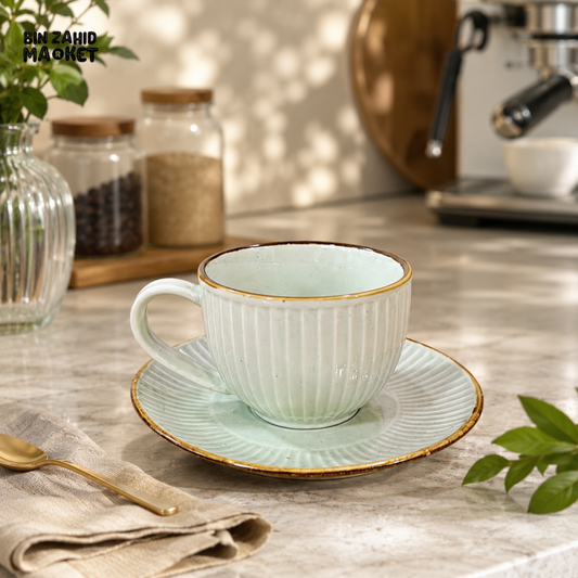 PREMIUM CERAMIC TEA CUP & SAUCER SET | ELEGANT RIBBED DESIGN COFFEE MUG FOR HOME & CAFÉ