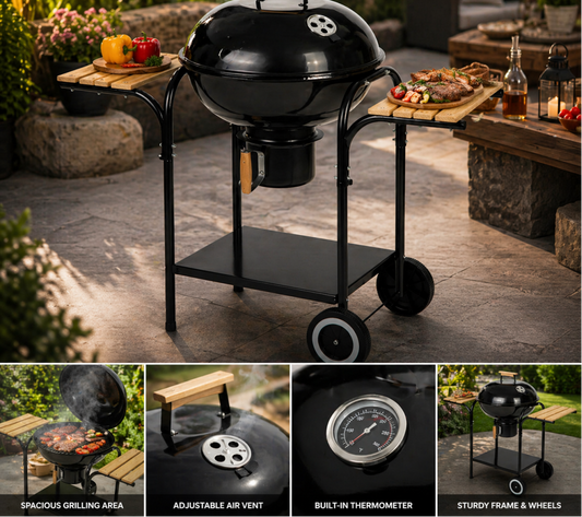PREMIUM CHARCOAL KETTLE BBQ GRILL WITH SIDE TABLES