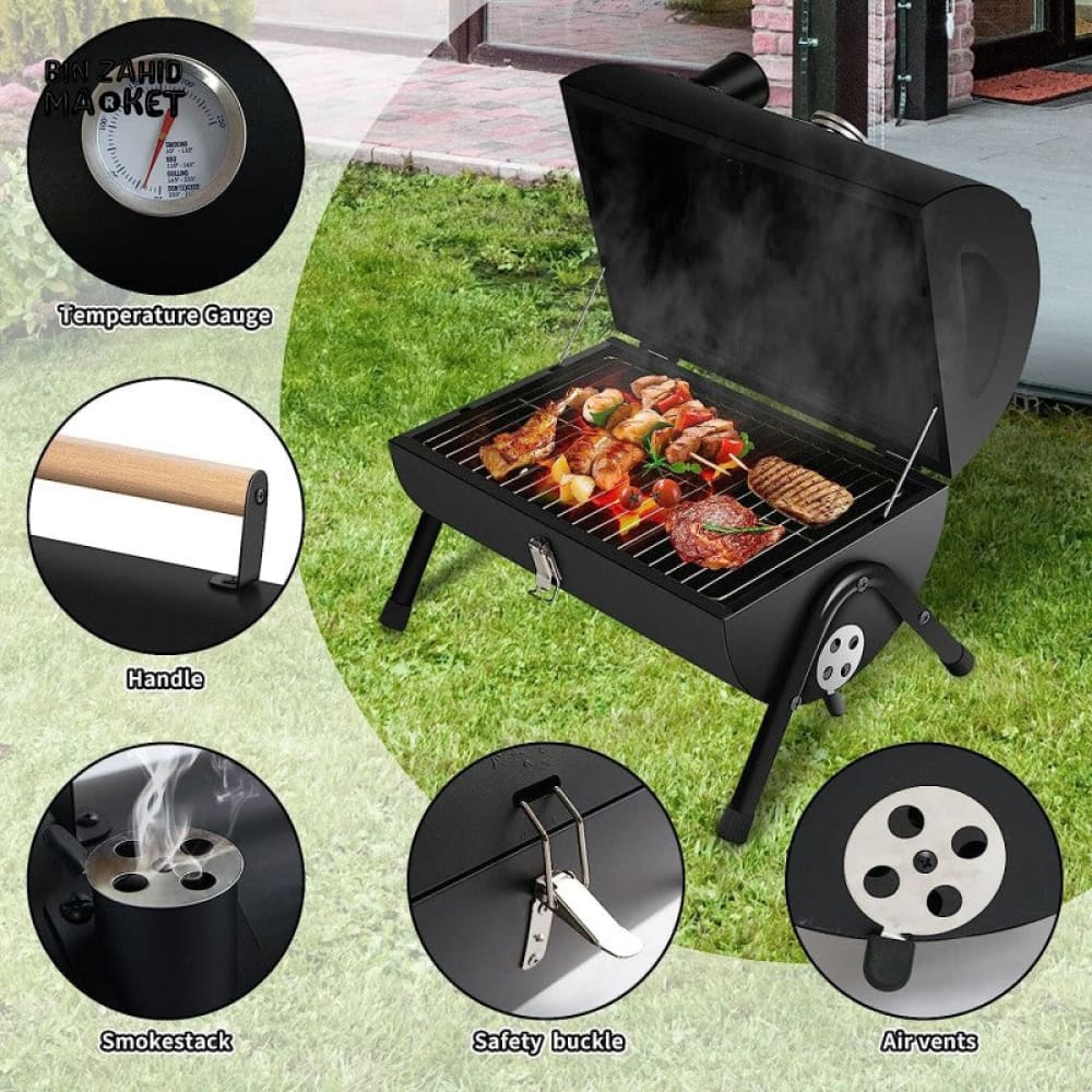 PREMIUM CYLINDER CHARCOAL BBQ SMOKER GRILL WITH WOODEN HANDLE