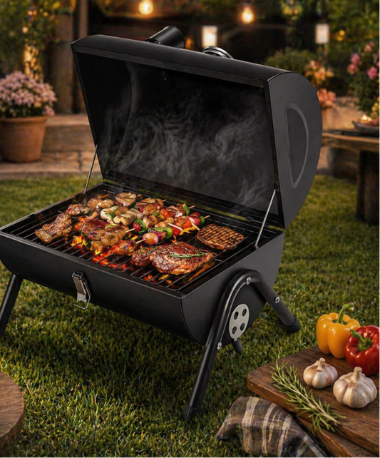 PREMIUM CYLINDER CHARCOAL BBQ SMOKER GRILL WITH WOODEN HANDLE