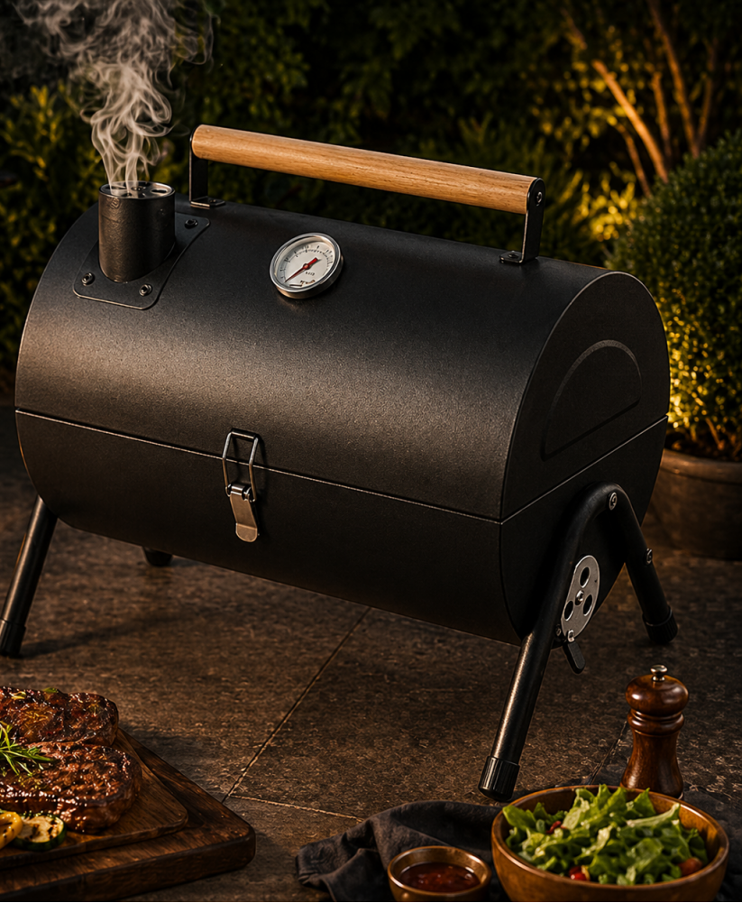 PREMIUM CYLINDER CHARCOAL BBQ SMOKER GRILL WITH WOODEN HANDLE
