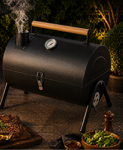 PREMIUM CYLINDER CHARCOAL BBQ SMOKER GRILL WITH WOODEN HANDLE