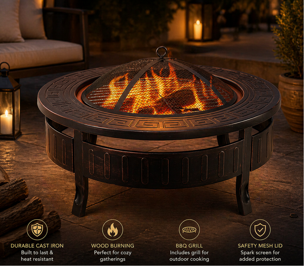 PREMIUM OUTDOOR CAST IRON FIRE PIT BBQ GRILL ROUND FIRE BOWL