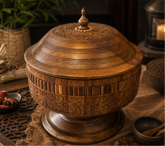 WOODLY SHEESHAM WOOD HOT POT SERVING BOWL WITH STAINLESS STEEL INNER