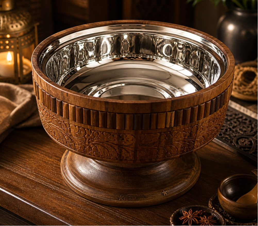 WOODLY SHEESHAM WOOD HOT POT SERVING BOWL WITH STAINLESS STEEL INNER